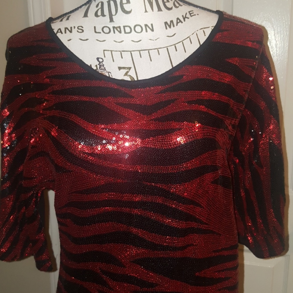Asymmetrical Sequin Red & Black Zebra Print Top - image 4